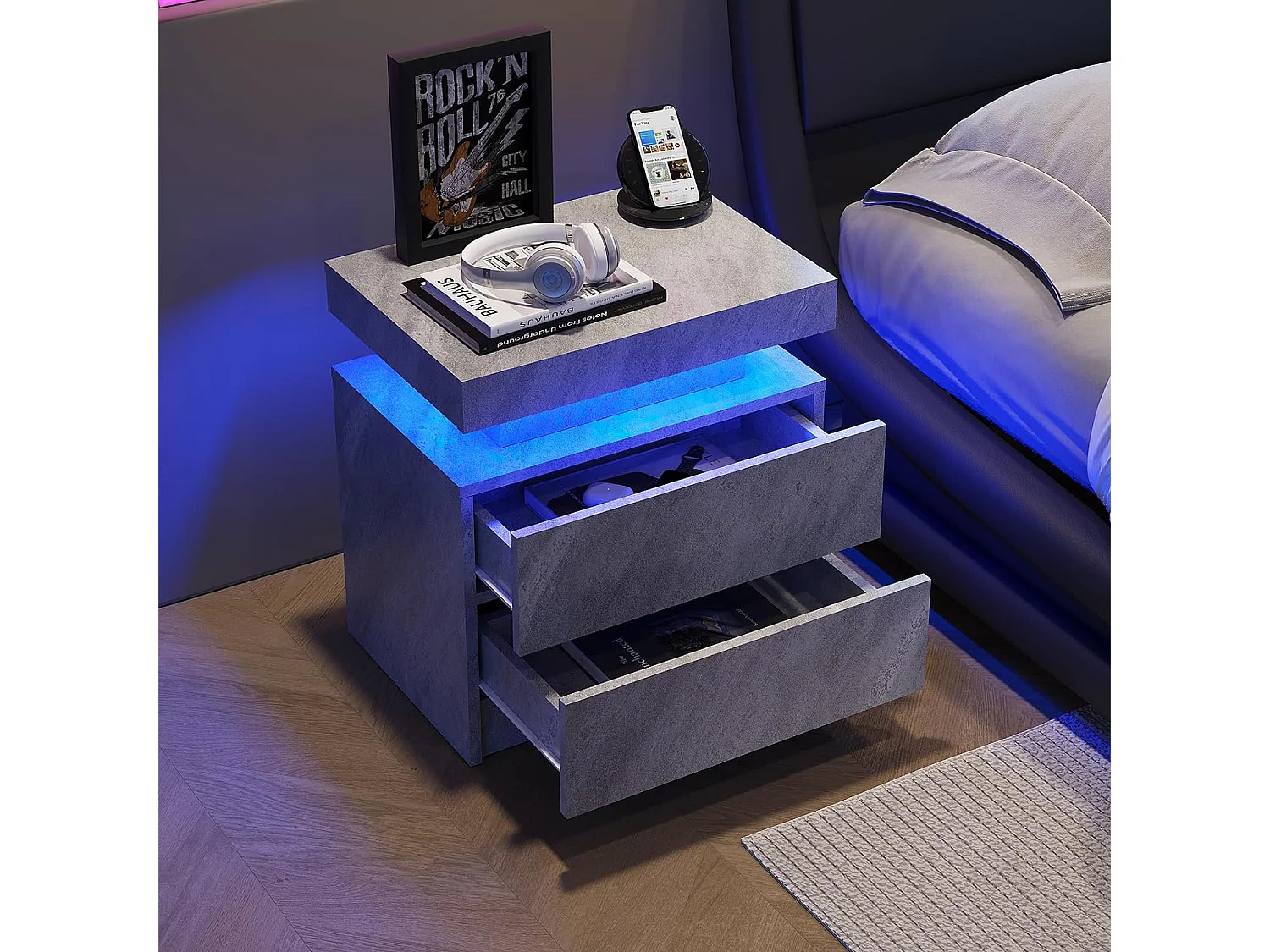 Mesita de noche moderna con LED regulable, 2 cajones, aglomerado, gris oscuro (50x53x36 cm)