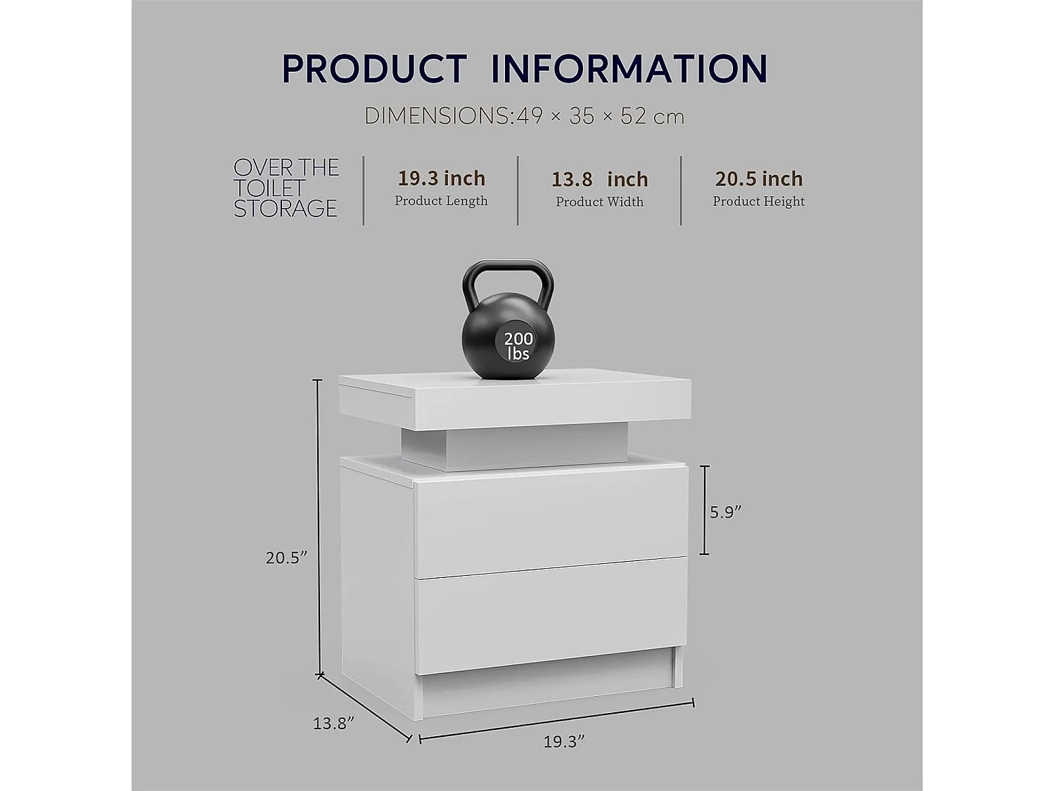 Mesita de noche moderna con LED regulable, 2 cajones, aglomerado, gris oscuro (50x53x36 cm)