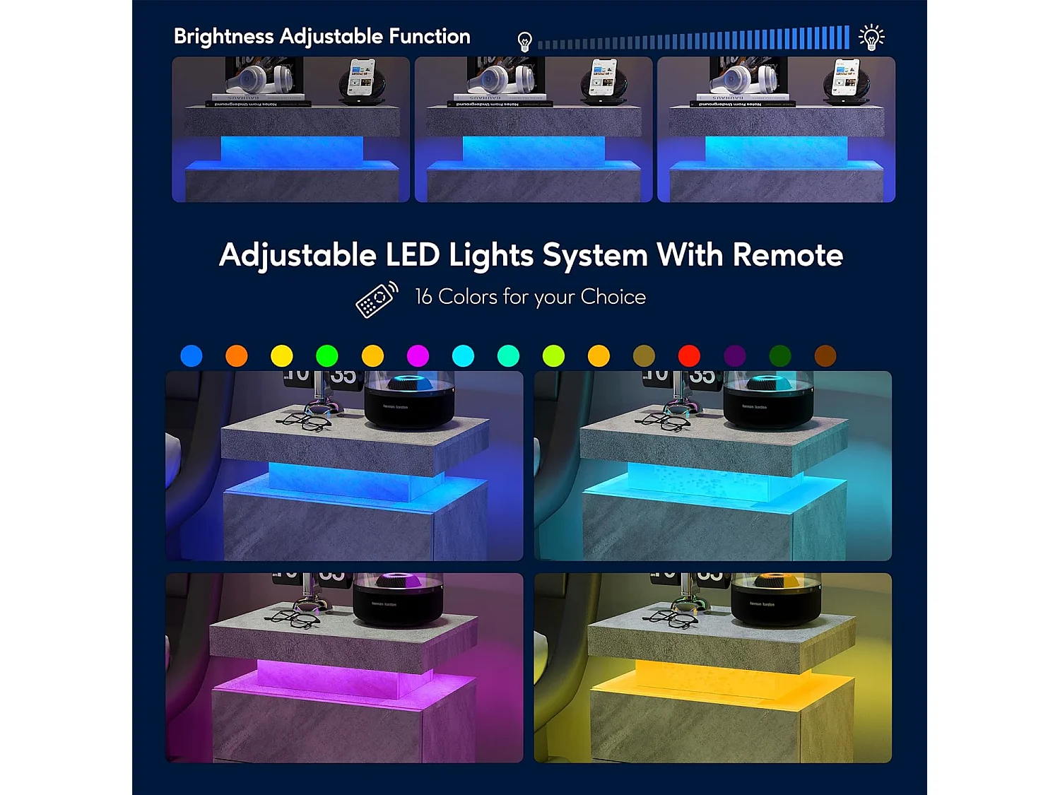 Mesita de noche moderna con LED regulable, 2 cajones, aglomerado, gris oscuro (50x53x36 cm)