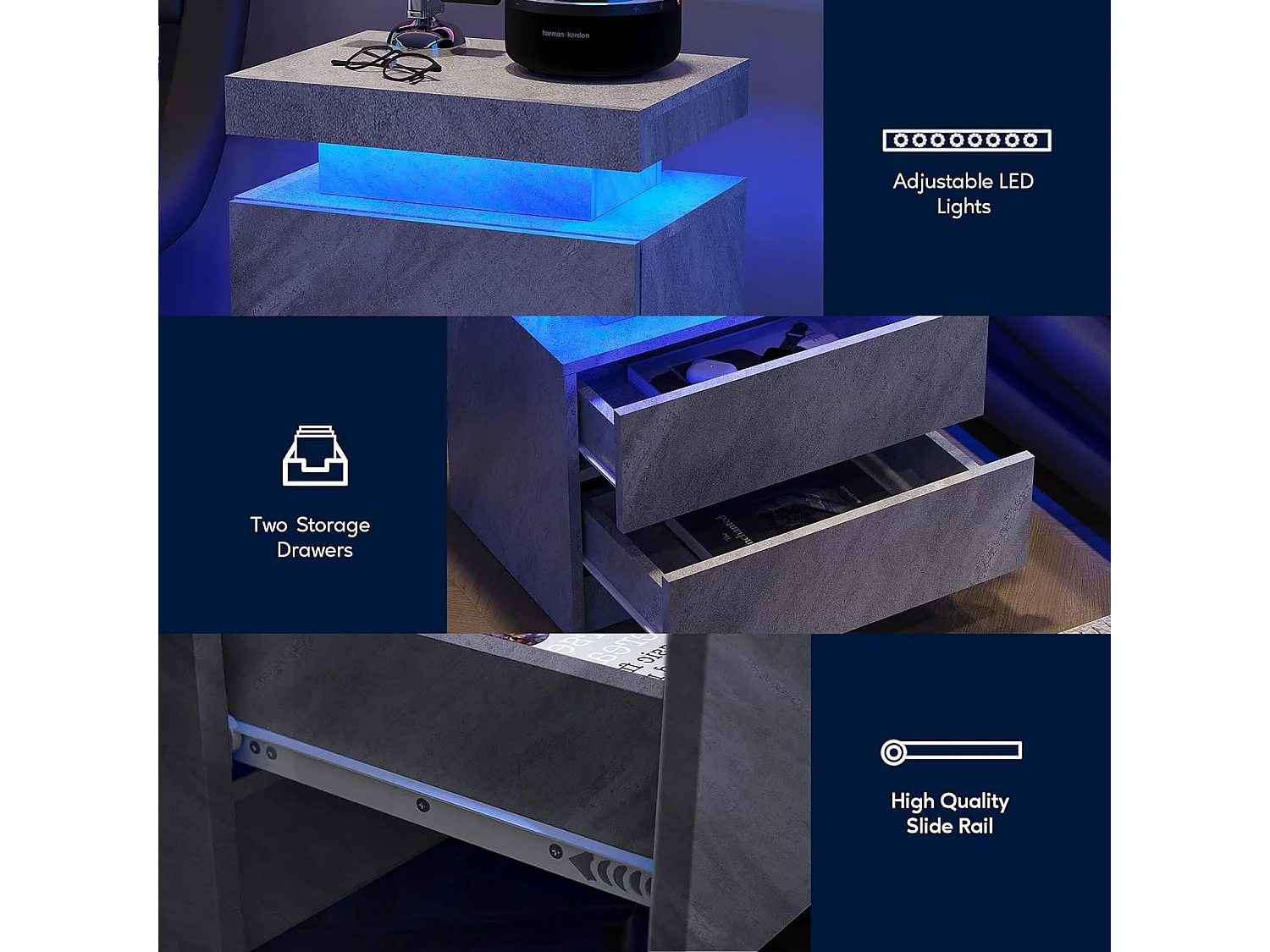 Mesita de noche moderna con LED regulable, 2 cajones, aglomerado, gris oscuro (50x53x36 cm)