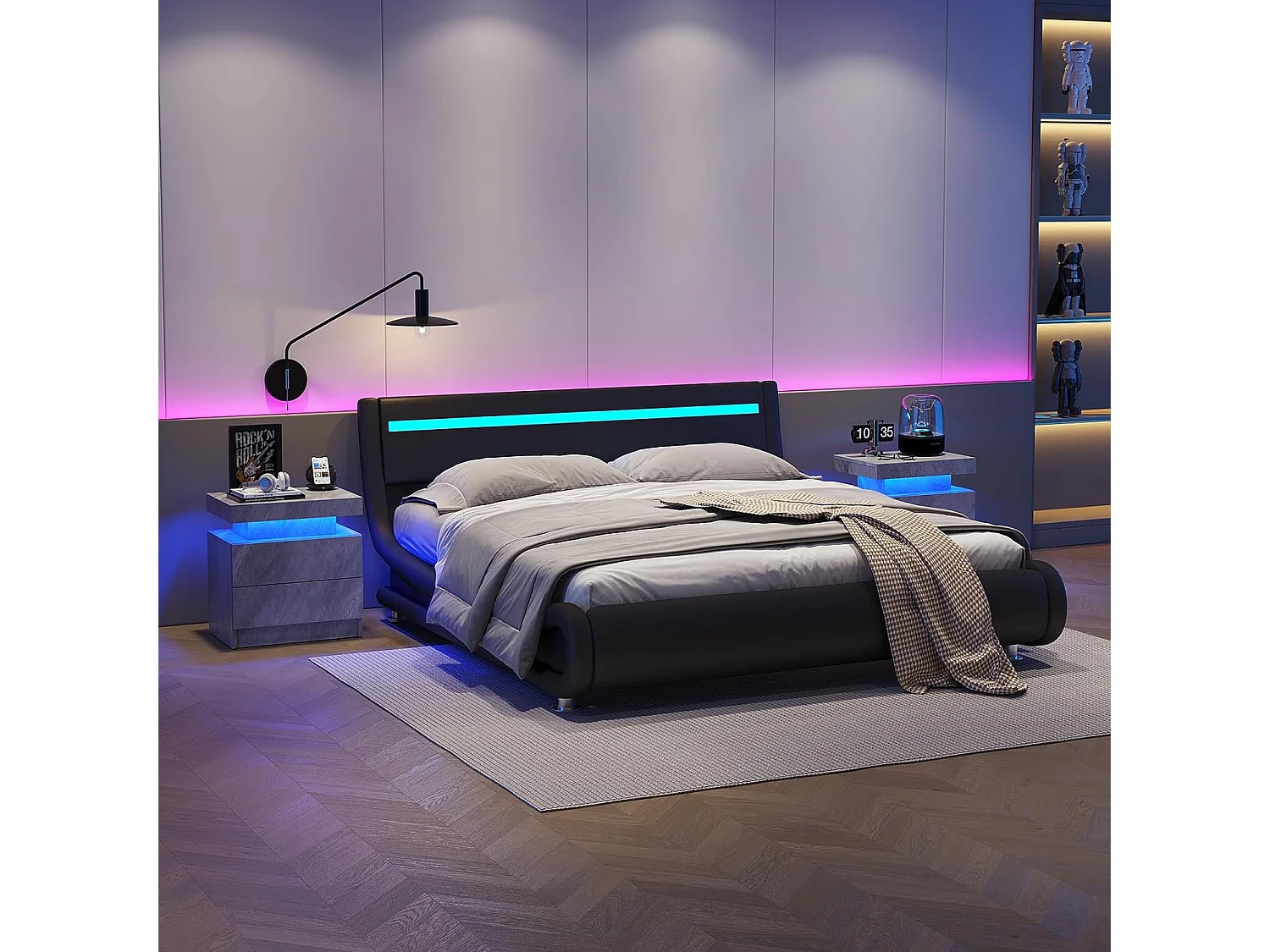 Mesita de noche moderna con LED regulable, 2 cajones, aglomerado, gris oscuro (50x53x36 cm)