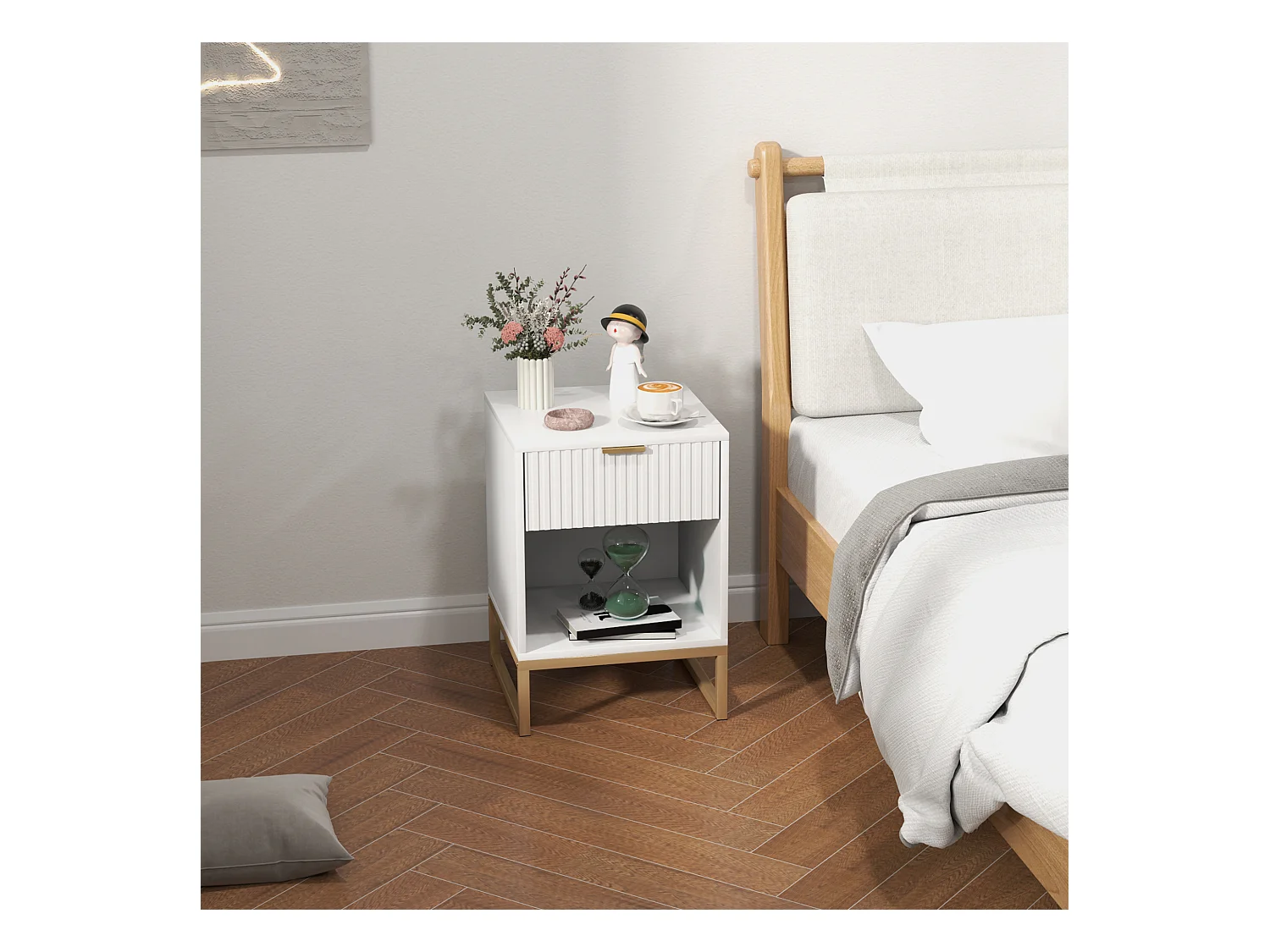 Table de chevet avec tiroir, MDF, blanc, pieds métal, rangement pratique (40x40x57cm)