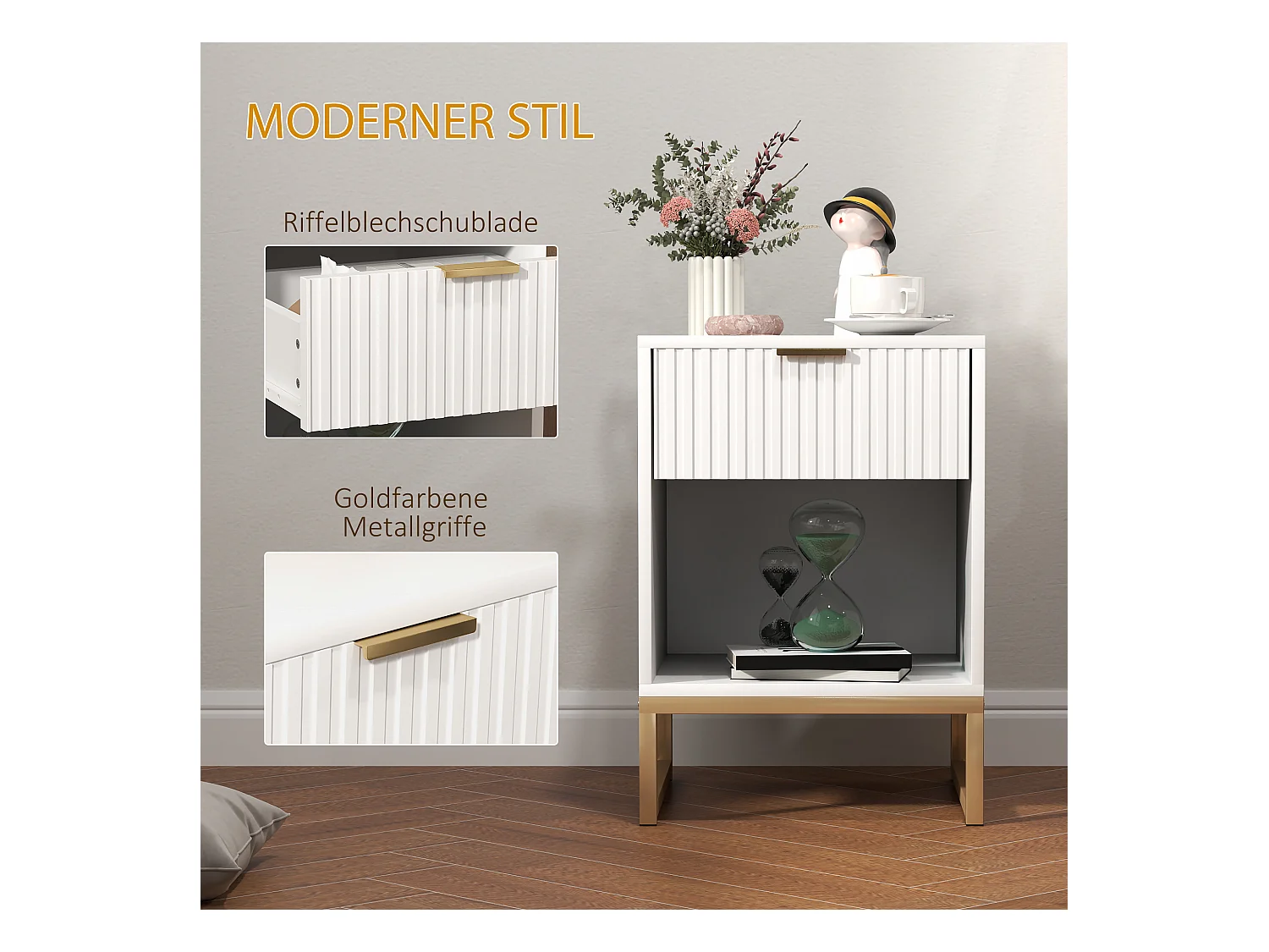 Table de chevet avec tiroir, MDF, blanc, pieds métal, rangement pratique (40x40x57cm)