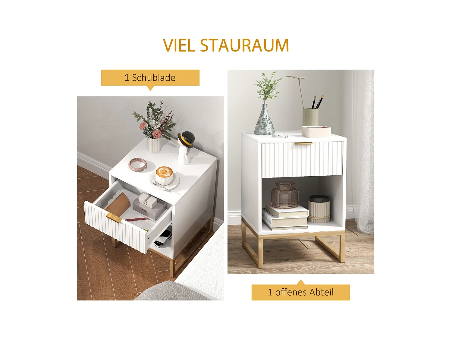 Table de chevet avec tiroir, MDF, blanc, pieds métal, rangement pratique (40x40x57cm)