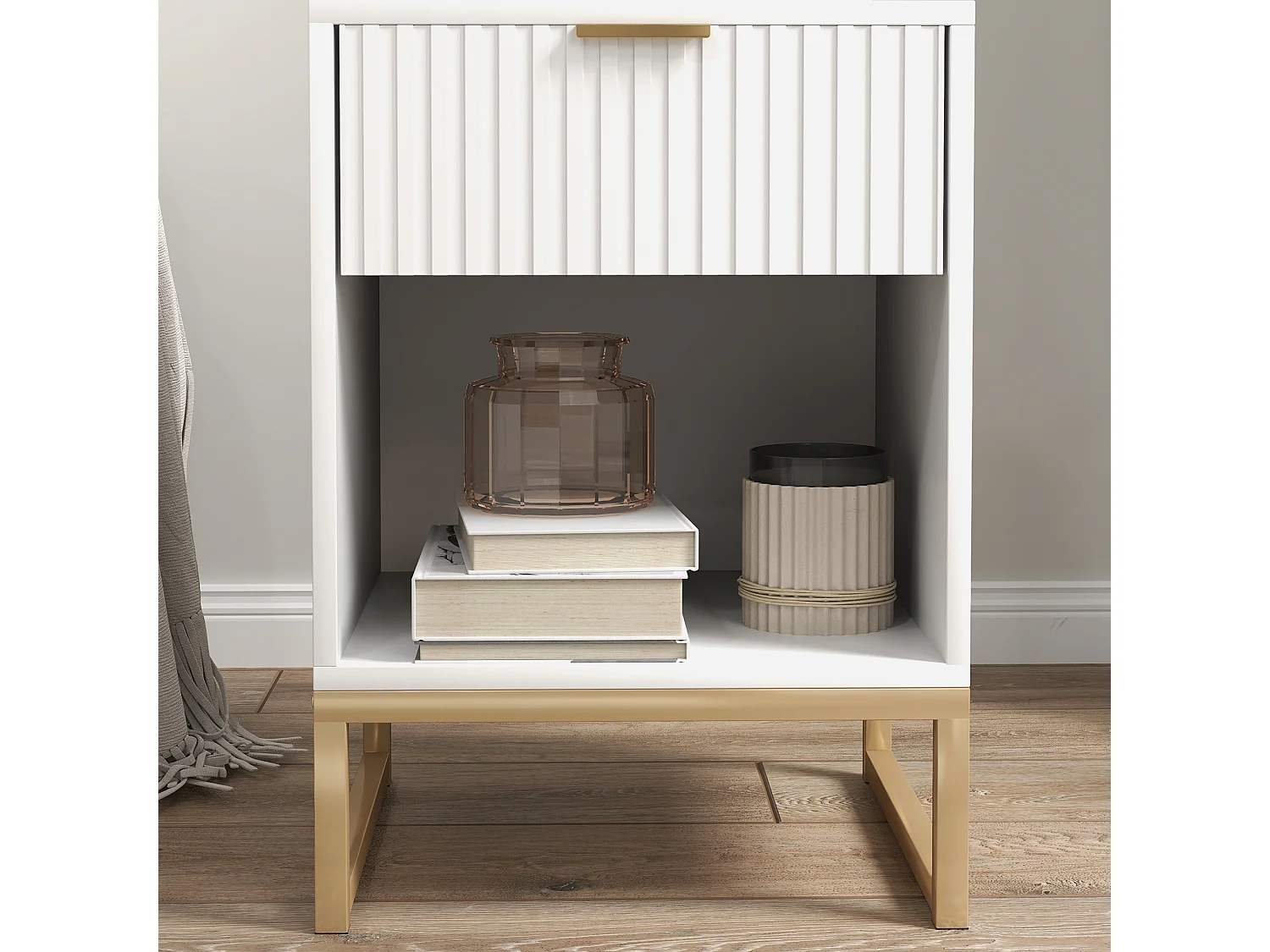 Table de chevet avec tiroir, MDF, blanc, pieds métal, rangement pratique (40x40x57cm)