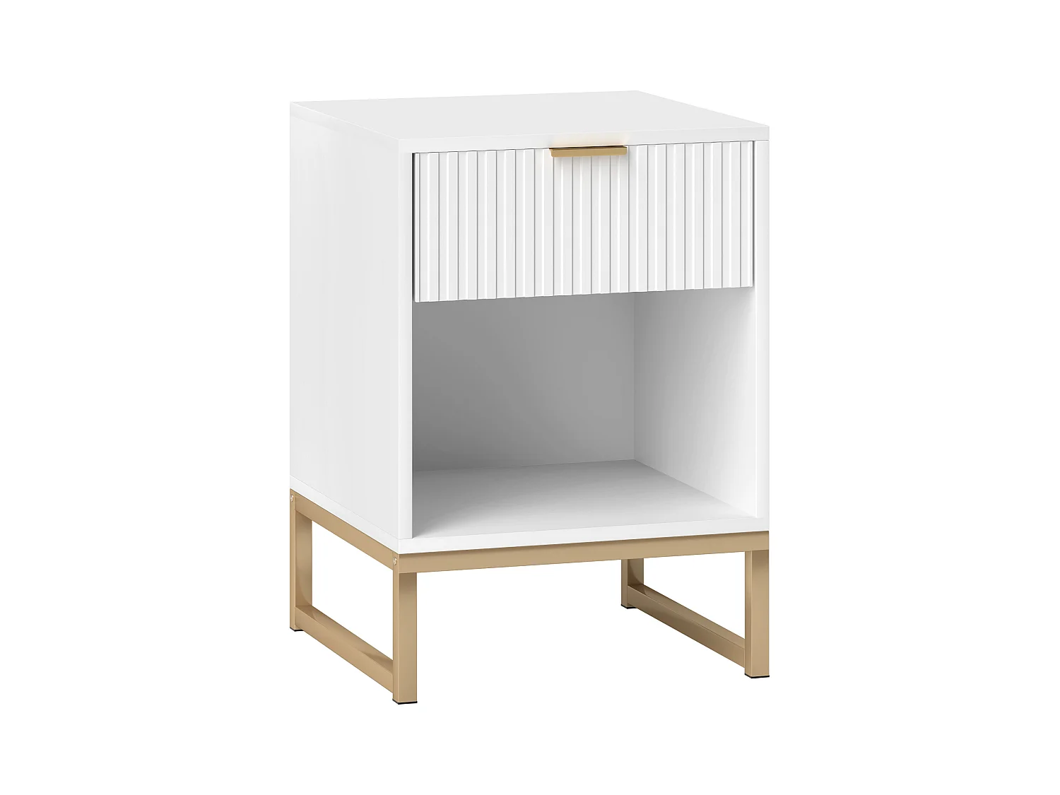 Comodino con cassetto, MDF, bianco, gambe in metallo, pratico contenitore (40x40x57cm)