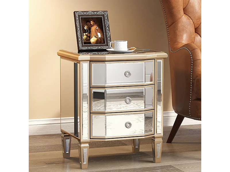 Table de chevet vintage à 3 tiroirs, verre miroir, MDF et bois, kaki clair et beige (50x40x60 cm)