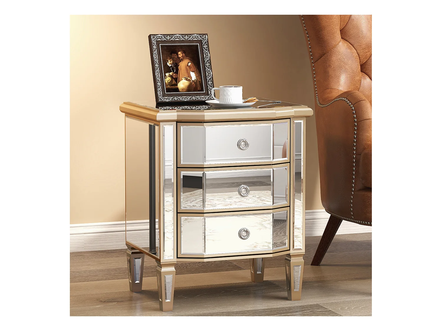 Table de chevet vintage à 3 tiroirs, verre miroir, MDF et bois, kaki clair et beige (50x40x60 cm)