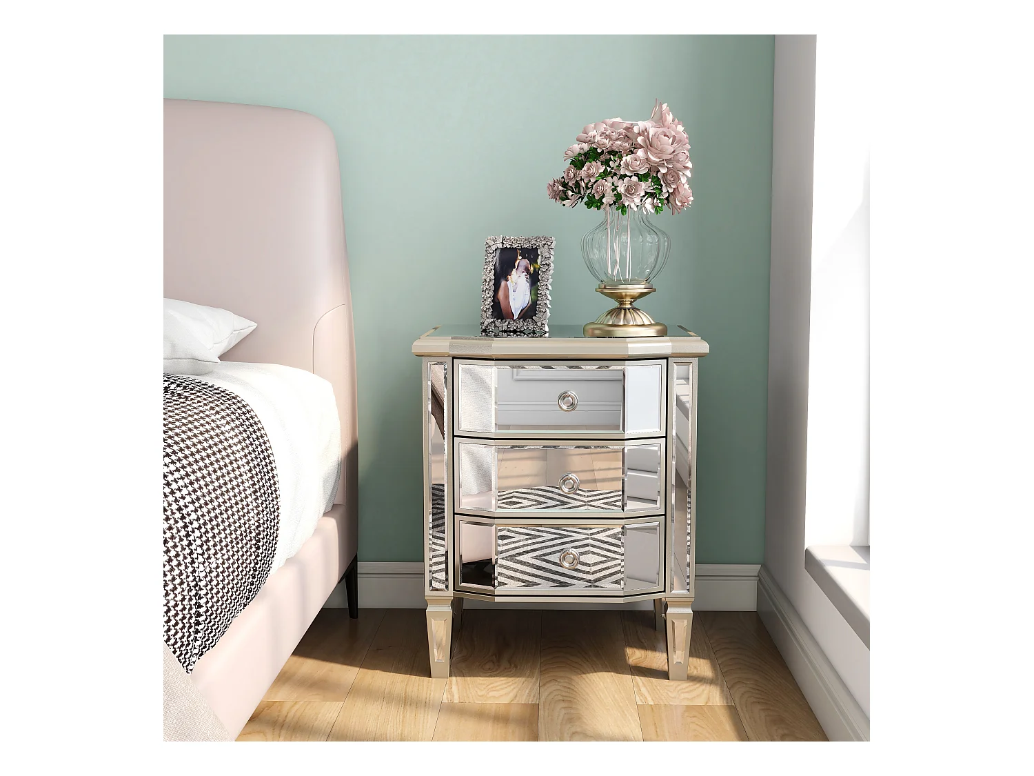 Table de chevet vintage à 3 tiroirs, verre miroir, MDF et bois, kaki clair et beige (50x40x60 cm)