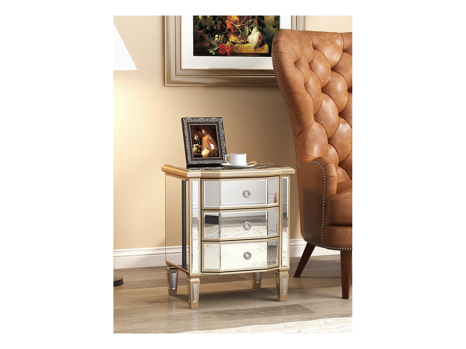 Table de chevet vintage à 3 tiroirs, verre miroir, MDF et bois, kaki clair et beige (50x40x60 cm)