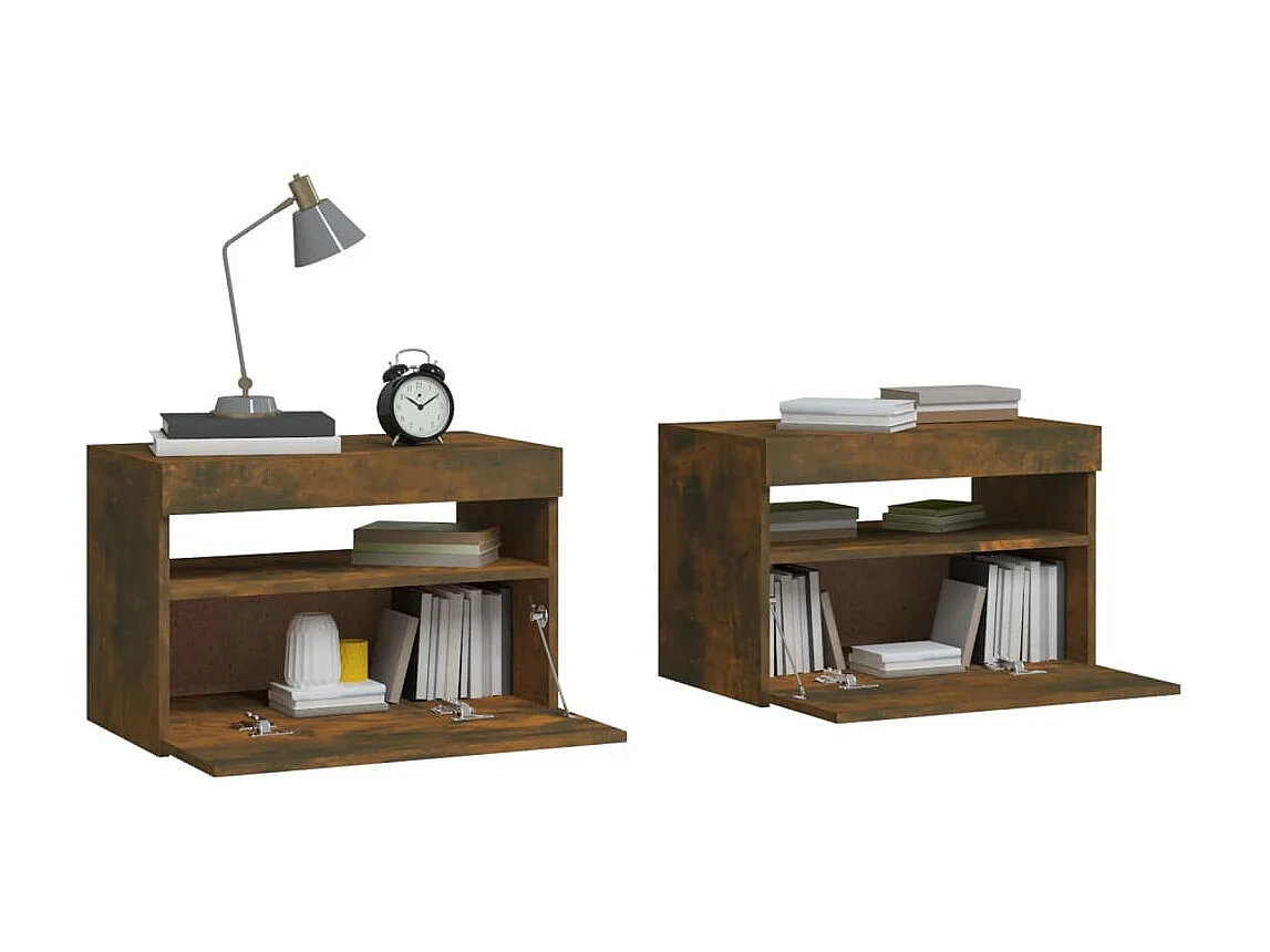 Comodini 2 pezzi e luci LED Rovere affumicato 60x35x40 cm