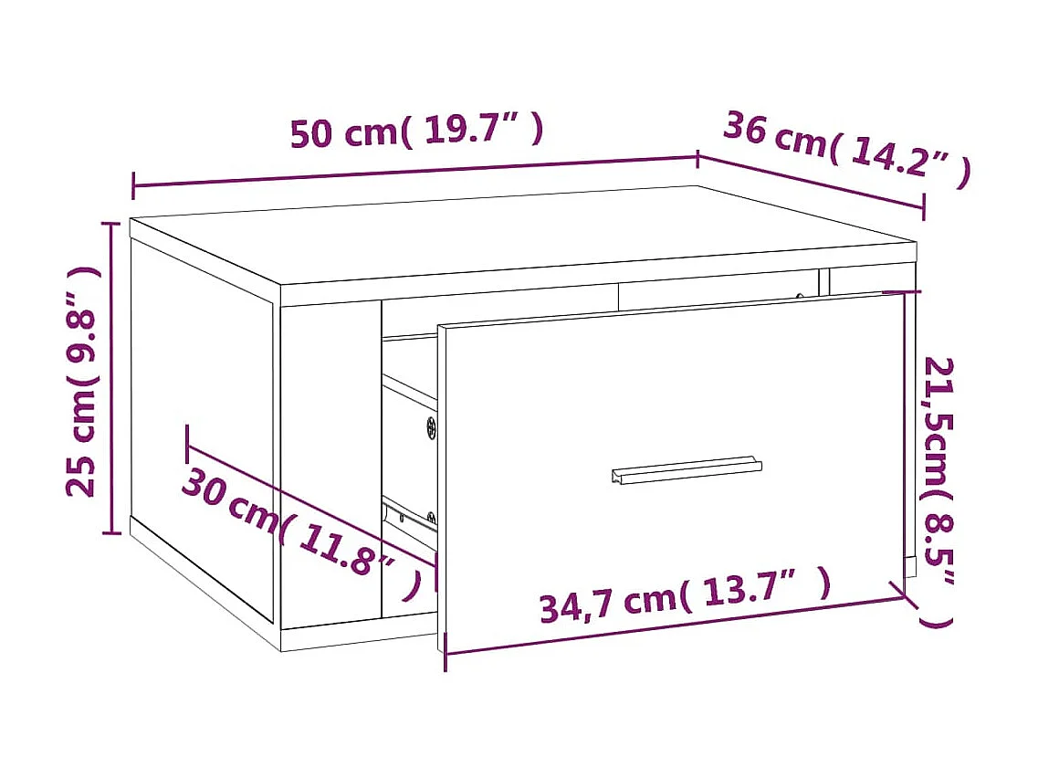 Comodino da parete Rovere marrone 50x36x25 cm