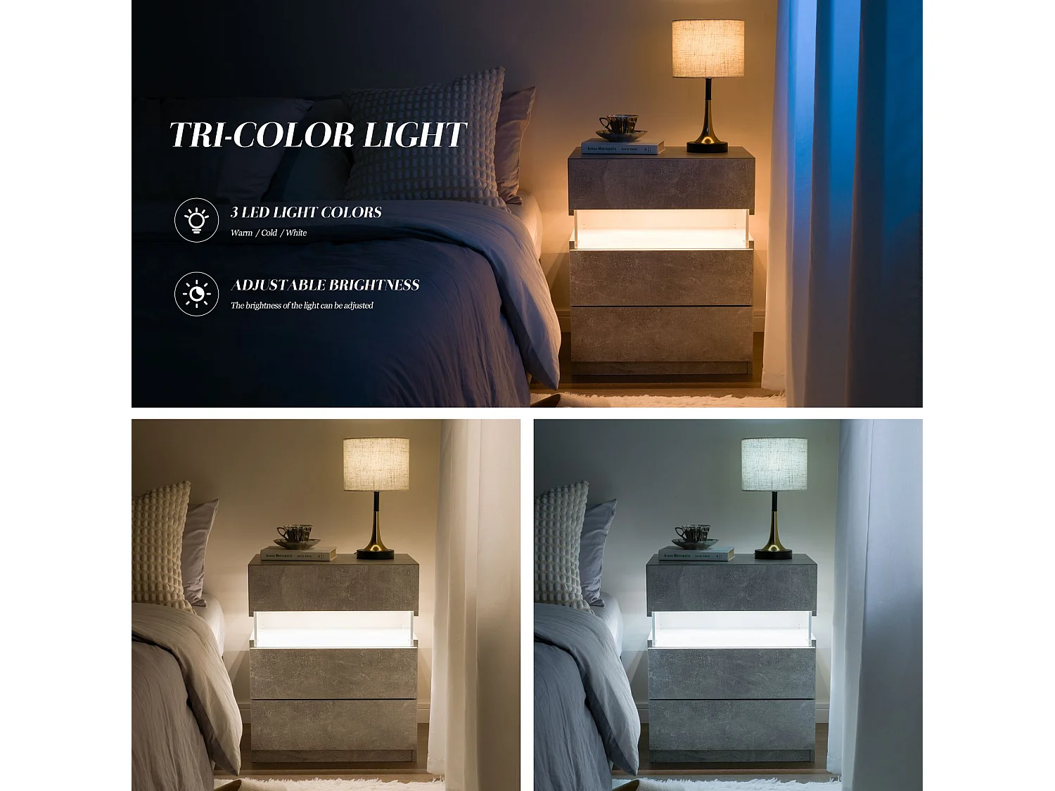 Mesita de noche LED con 3 cajones, panel acrílico e iluminación RGB, aglomerado, gris (48x38x61 cm)