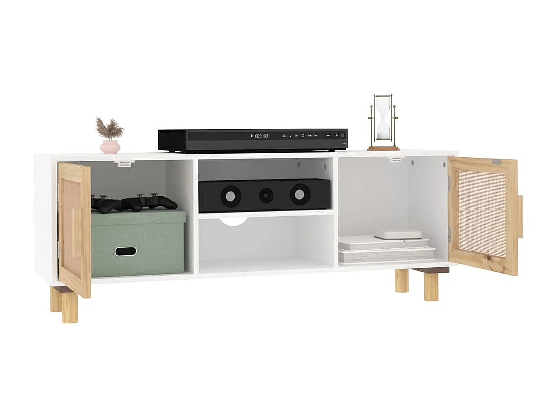 Mobile TV bianco 105x30x40cm Legno massello di pino e rattan naturale