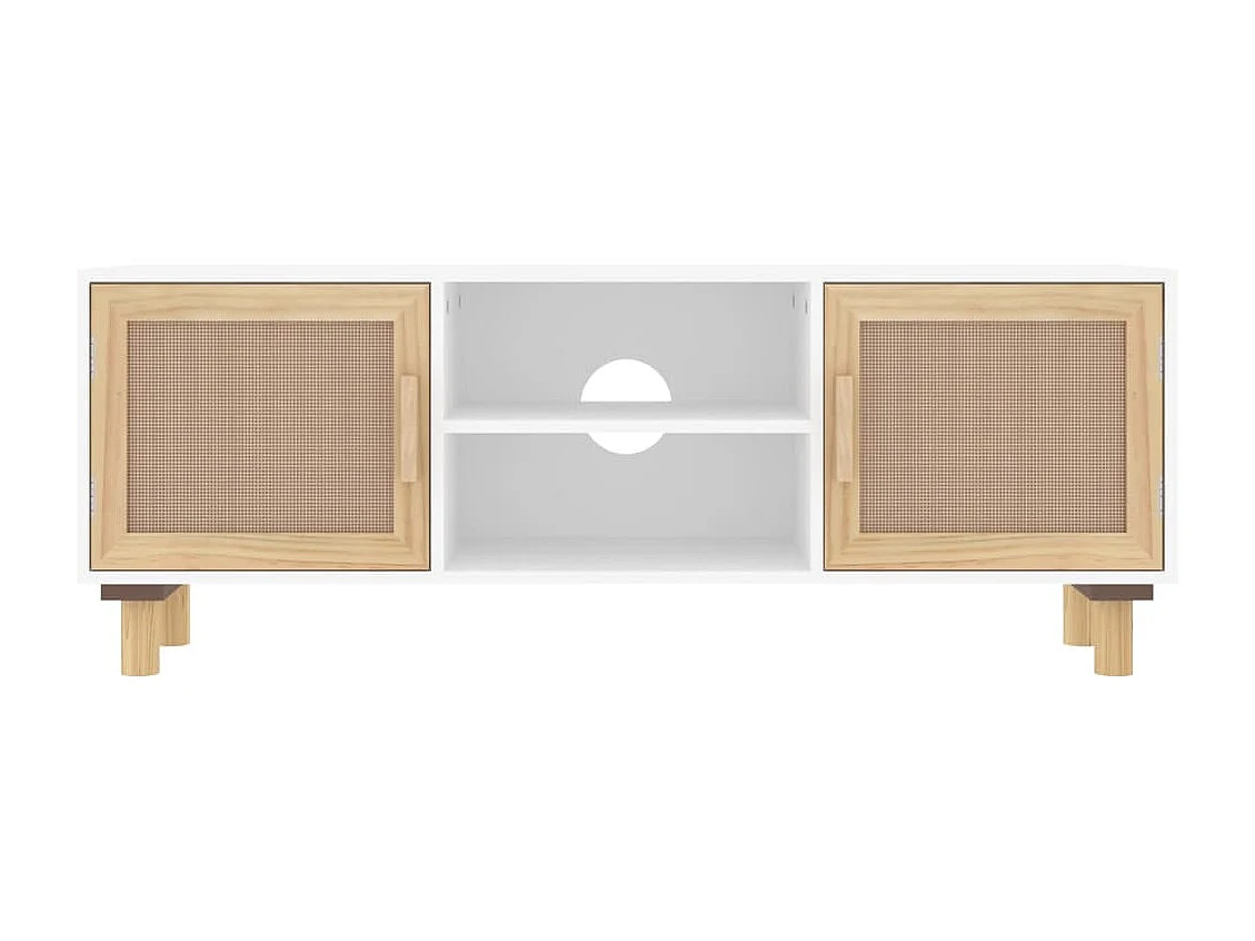 Mobile TV bianco 105x30x40cm Legno massello di pino e rattan naturale