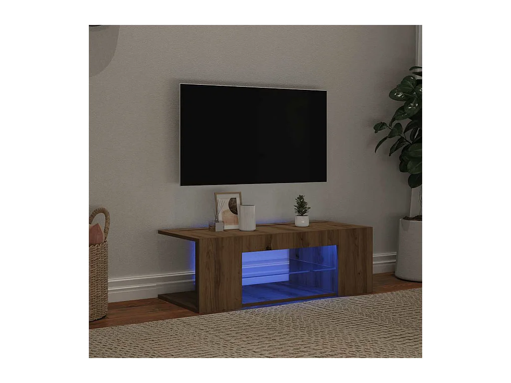 Meuble TV avec lumières LED chêne artisanal bois d'ingénierie