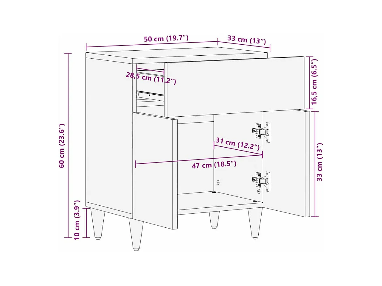 Comodino 50x33x60 cm in legno massello di mango