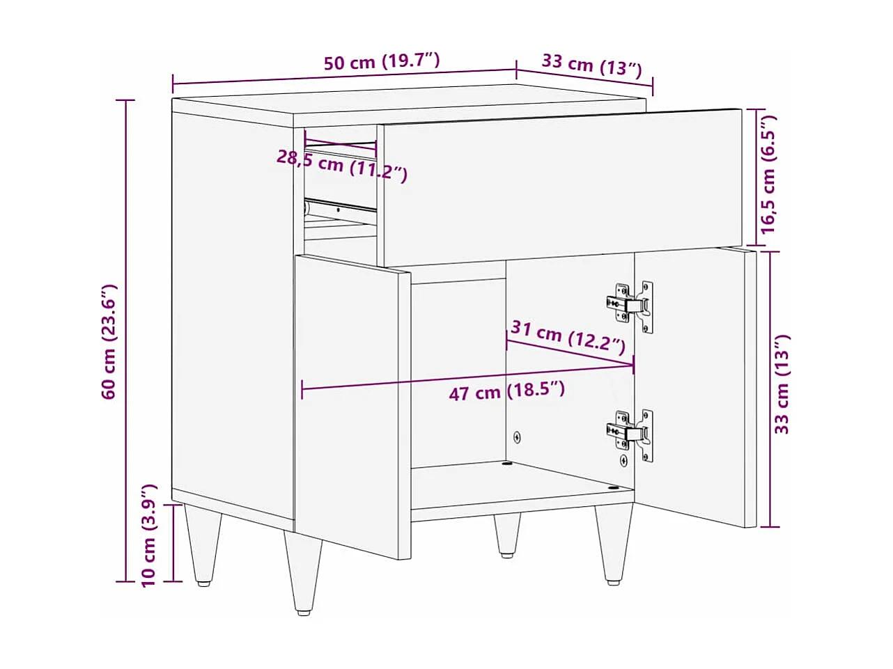 Table de chevet 50x33x60 cm en bois solide de manguier