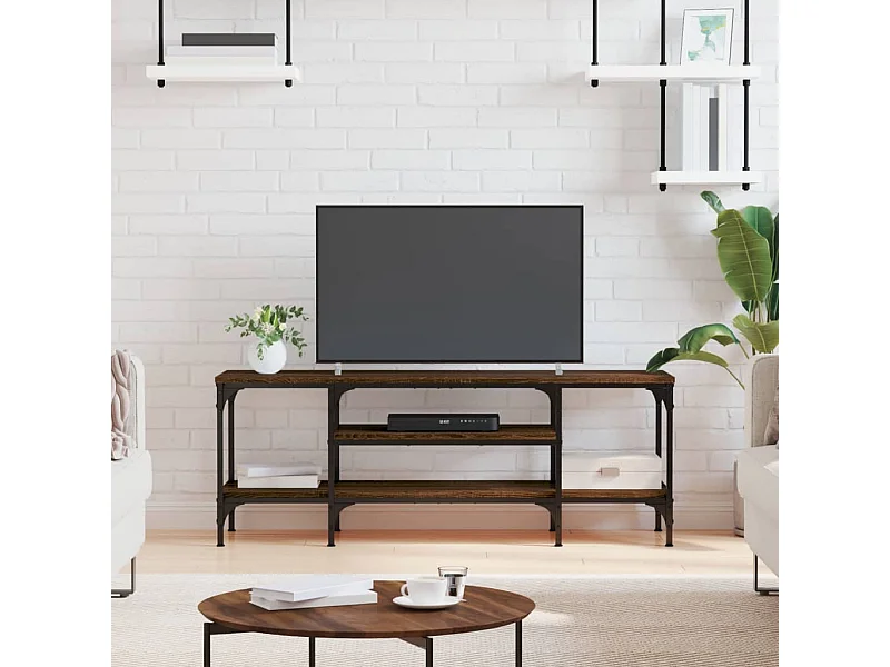 Mueble de TV de roble marrón 121x35x45 cm madera contrachapada y hierro
