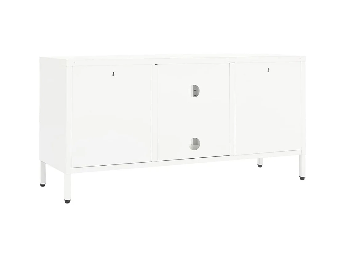 Meuble TV Blanc 105x35x52 cm Acier et verre