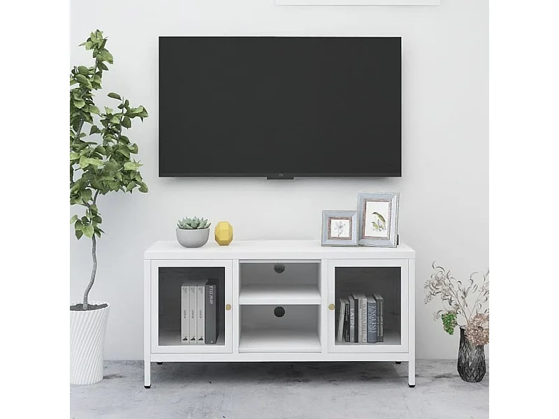 Meuble TV Blanc 105x35x52 cm Acier et verre