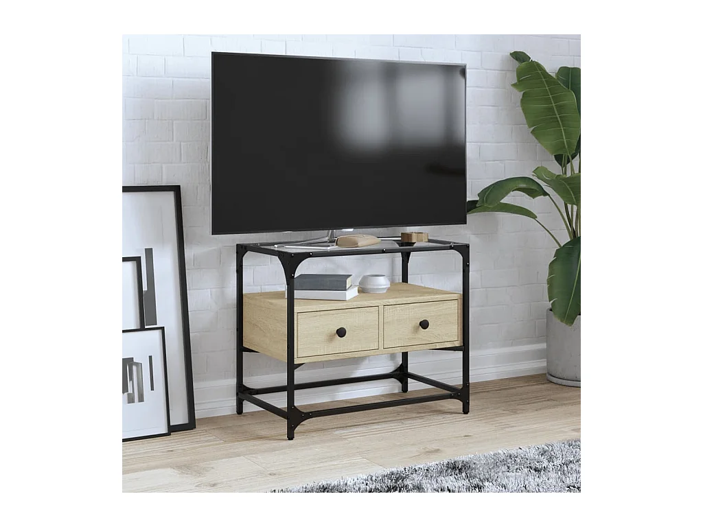 Meuble TV avec dessus en verre chêne sonoma bois d'ingénierie