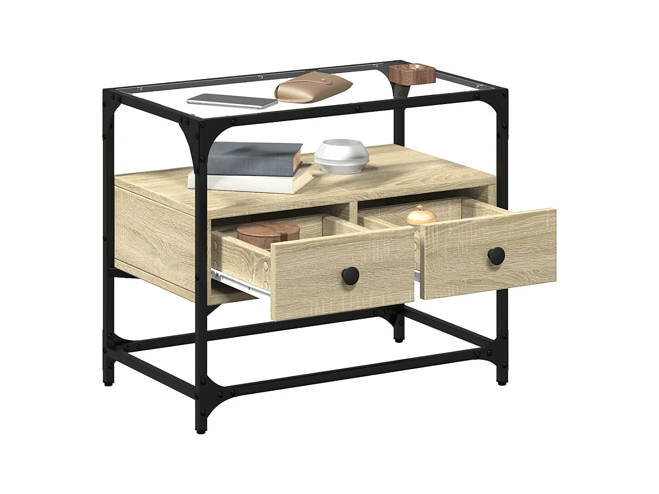 Meuble TV avec dessus en verre chêne sonoma bois d'ingénierie