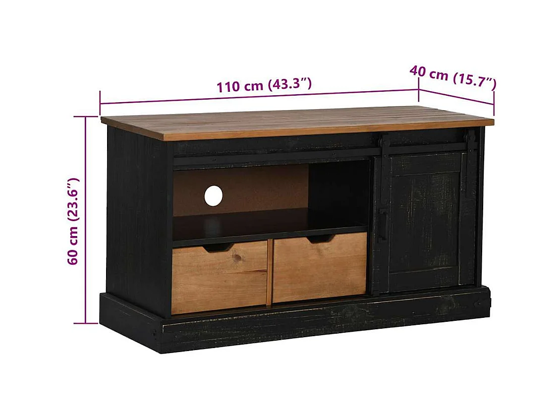 Meuble TV HALDEN porte coulissante noir 110x40x60cm bois massif