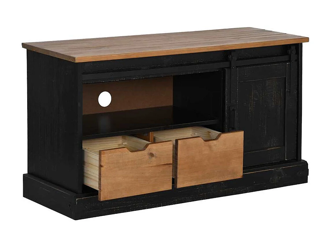 Meuble TV HALDEN porte coulissante noir 110x40x60cm bois massif