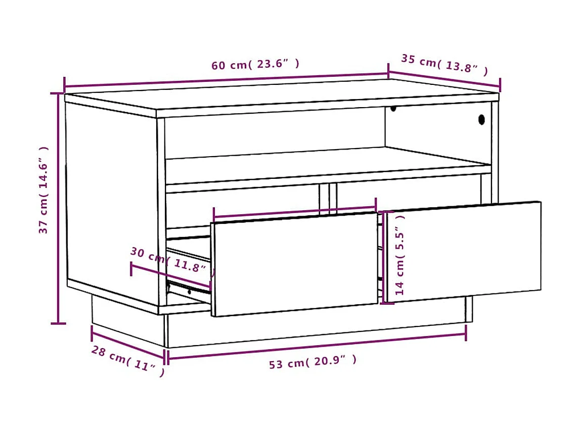 Meuble TV Blanc 60x35x37 cm Bois de pin massif