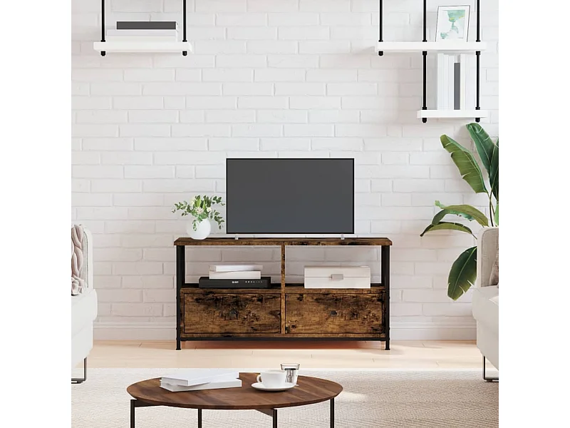 Meuble TV chêne fumé 90x33x45 cm bois d'ingénierie et fer