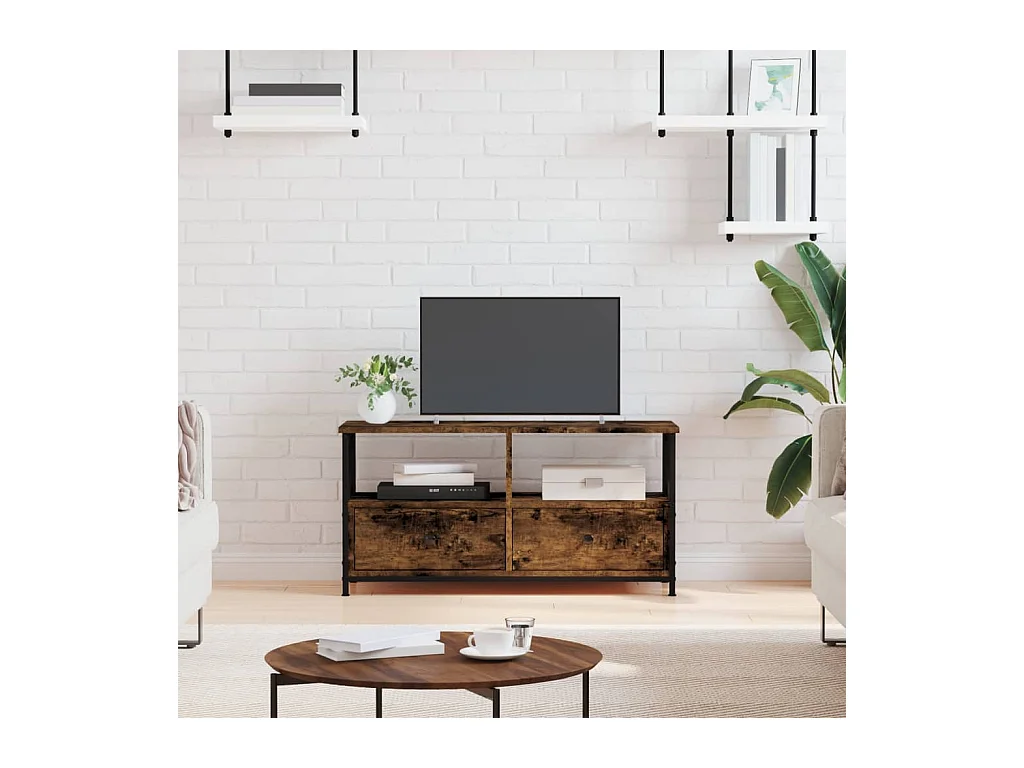 Meuble TV chêne fumé 90x33x45 cm bois d'ingénierie et fer