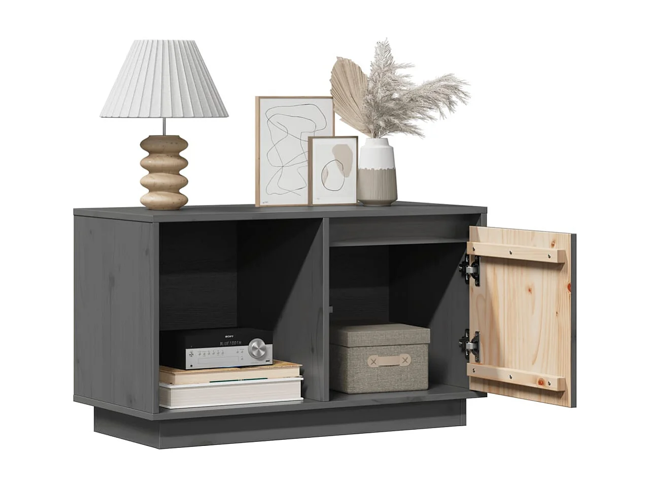 Mobile TV grigio 74x35x44 cm Legno massello di pino