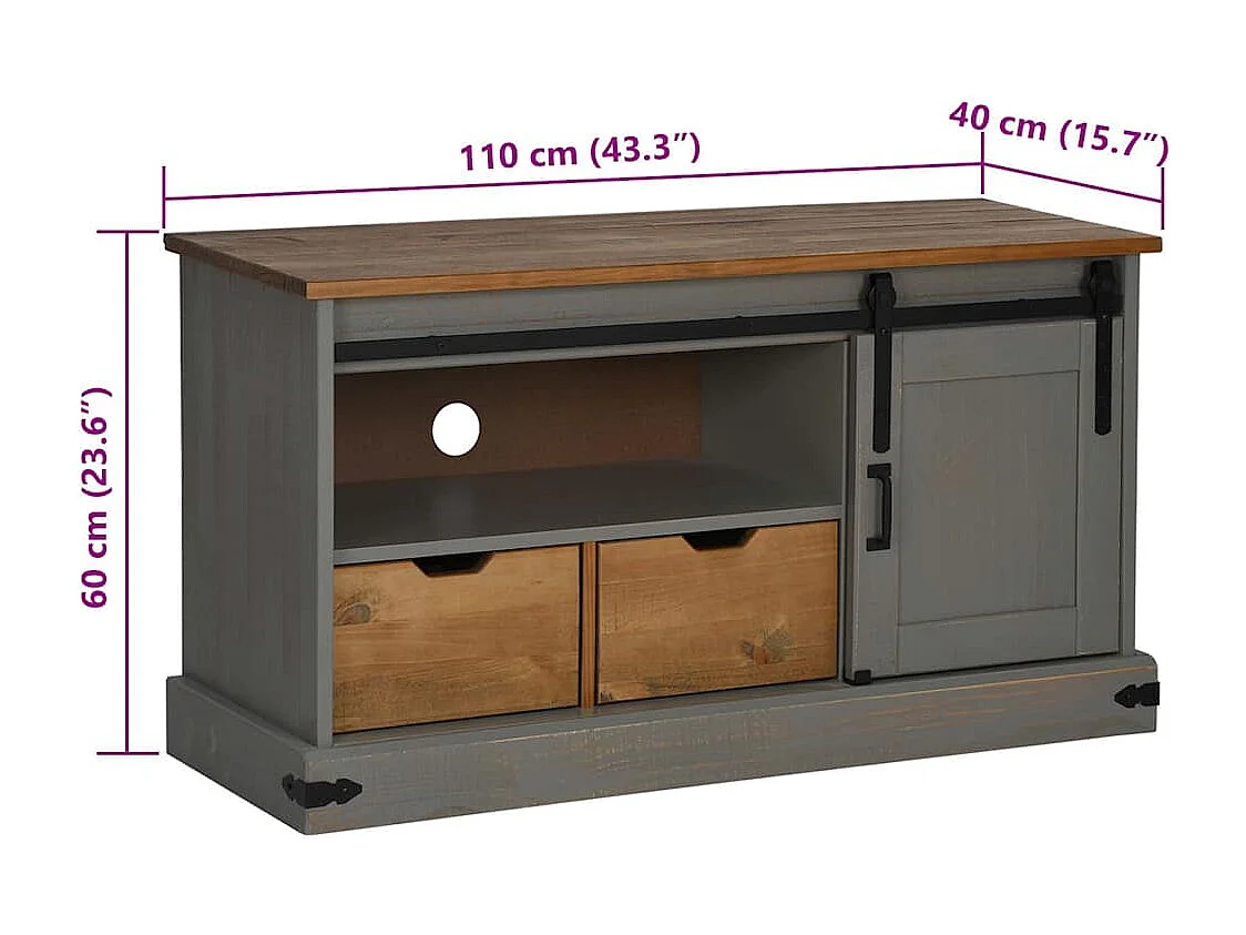 Meuble TV HALDEN porte coulissante gris 110x40x60cm bois massif