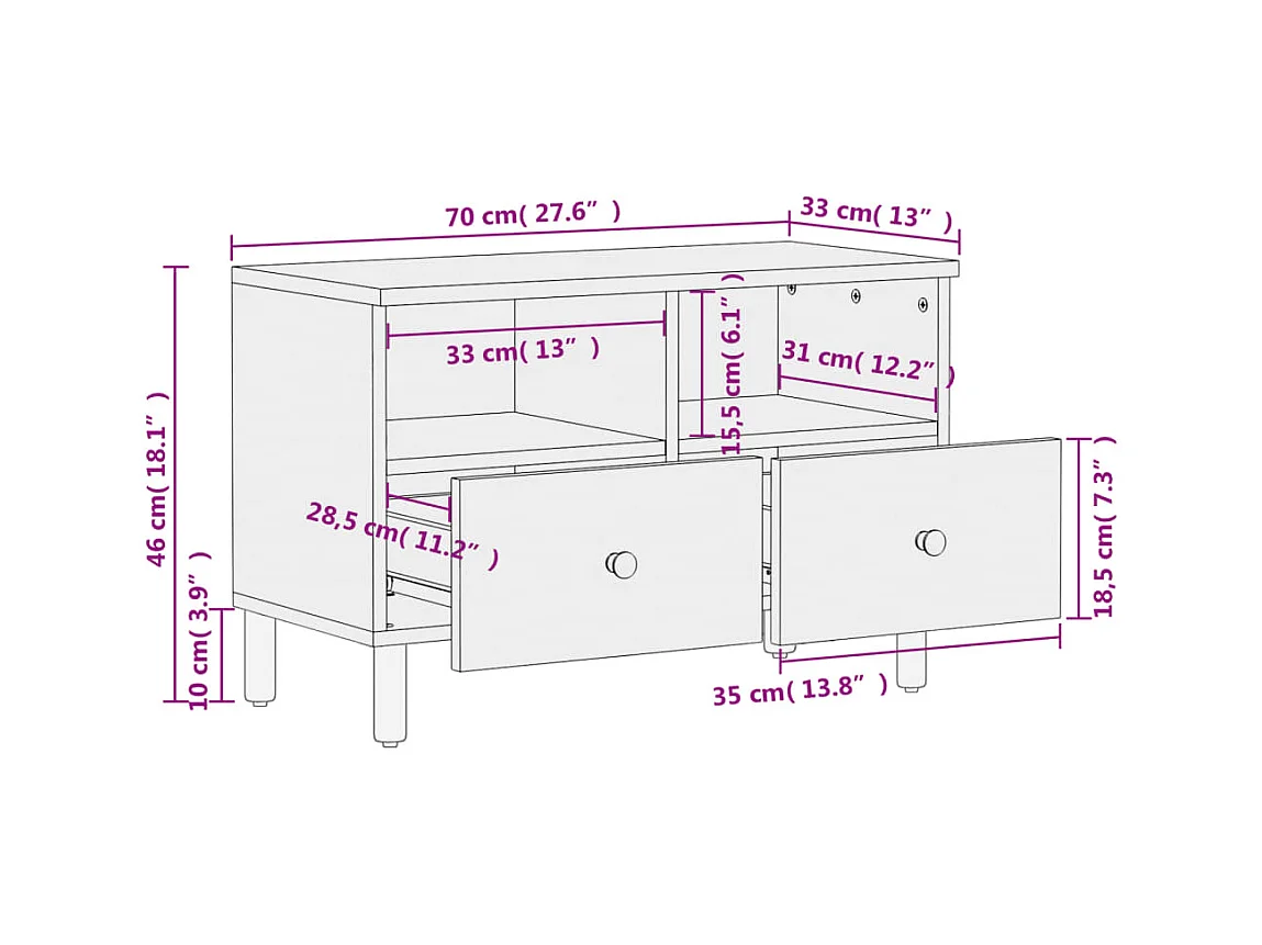 Meuble TV noir 70x33x46 cm bois massif de manguier