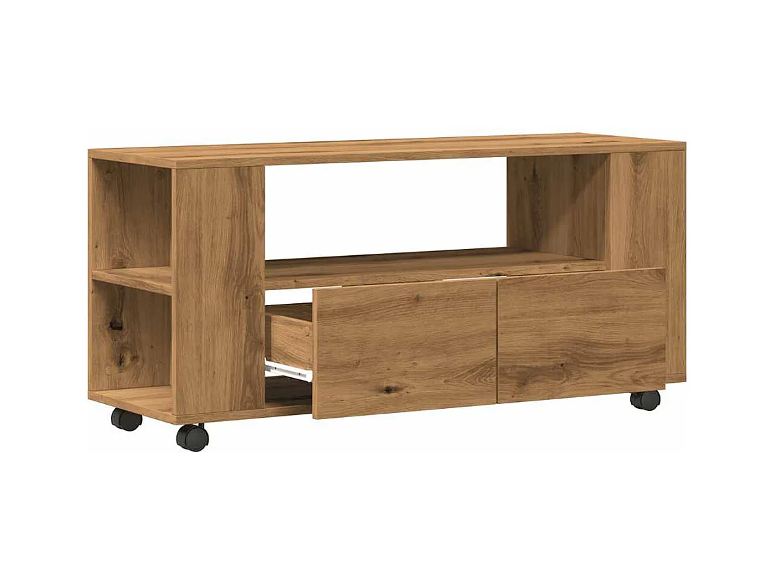 TV-standaard met wieltjes, handgemaakt eikenhout