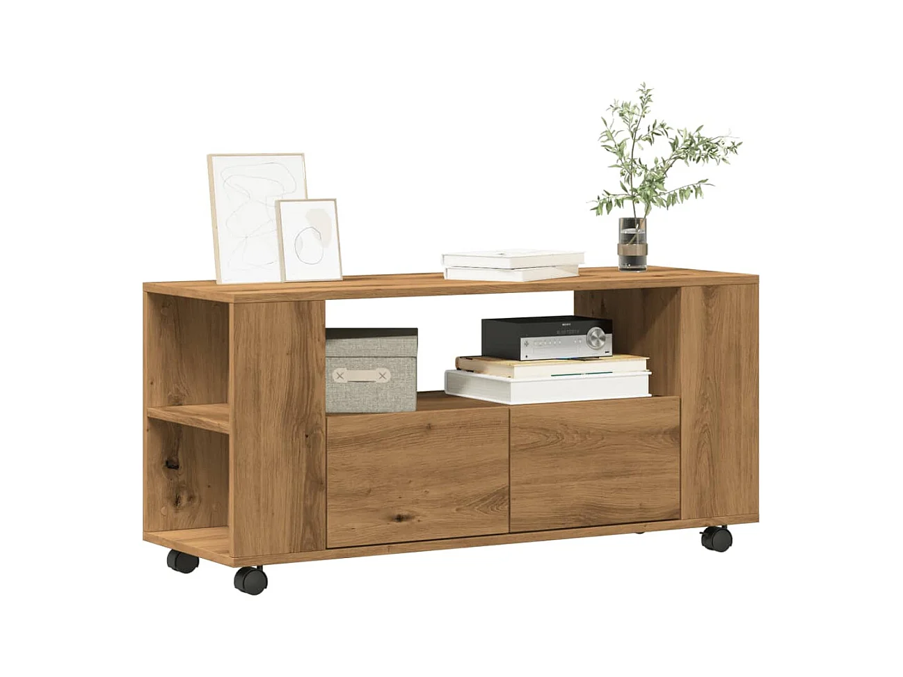 Mobile porta TV con ruote in legno di rovere lavorato a mano