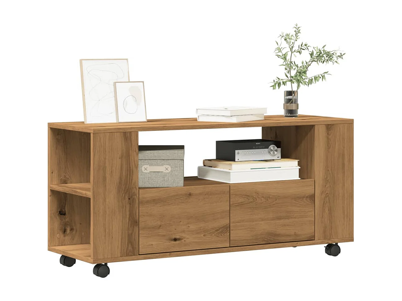 Meuble TV avec roulettes chêne artisanal bois d'ingénierie