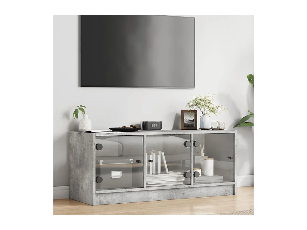 Meuble TV avec portes en verre gris béton 102x37x42 cm