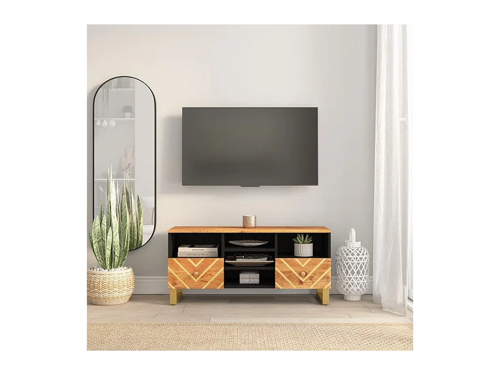 Meuble TV marron et noir 100x33,5x46 cm bois massif de manguier