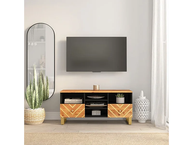 Meuble TV marron et noir 100x33,5x46 cm bois massif de manguier