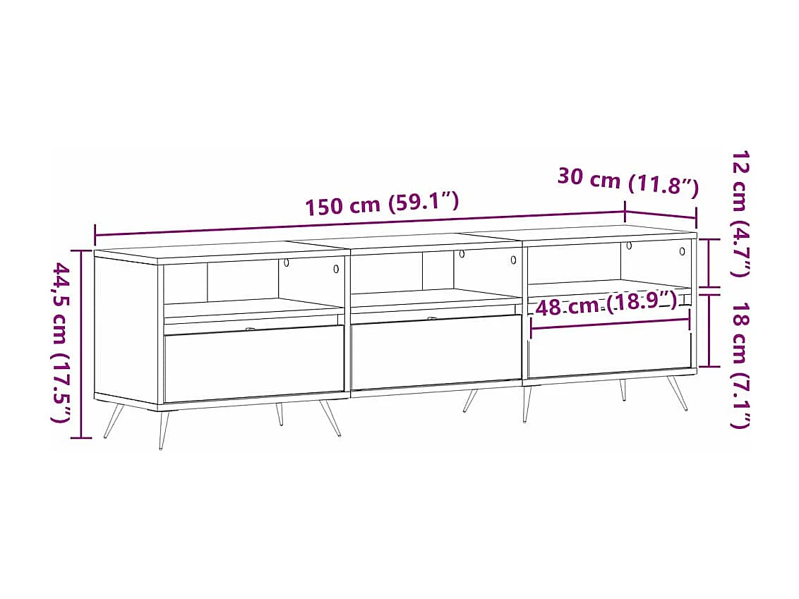 Buffet TV en bois vieilli 150x30x44,5 cm en bois d'ingénierie