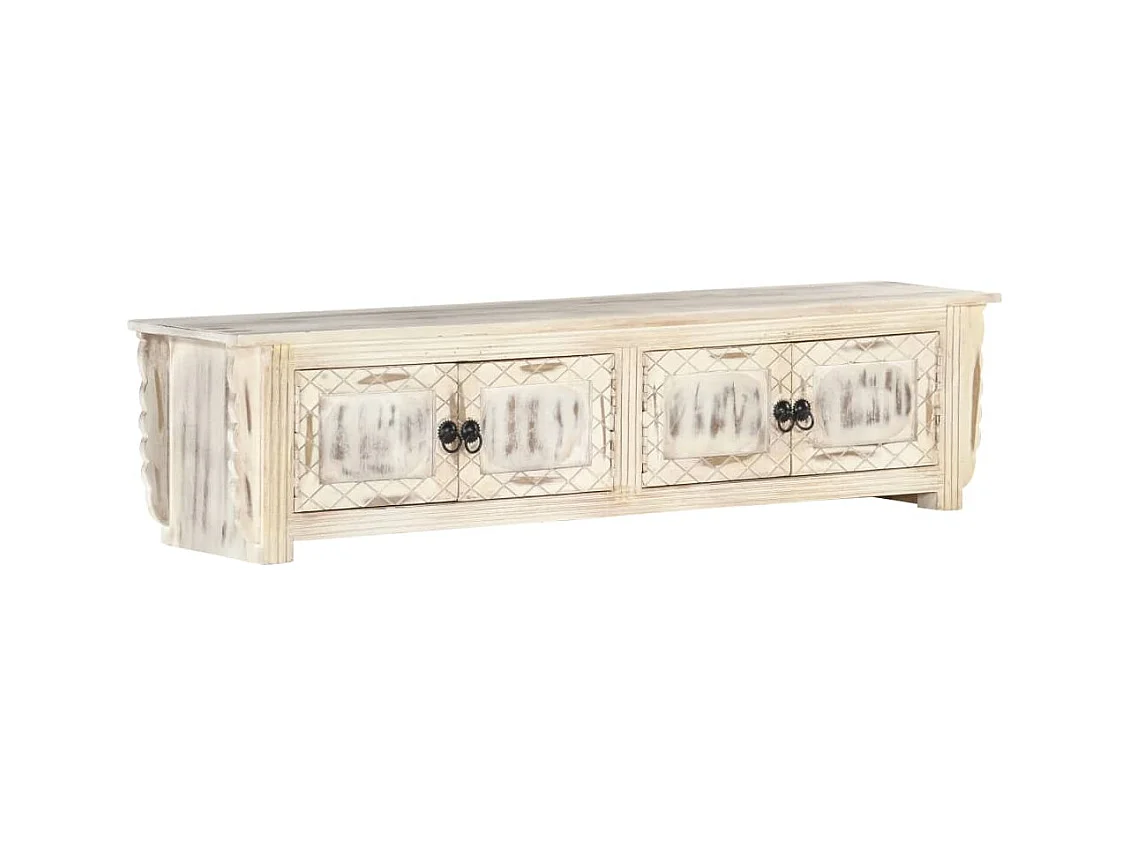 Meuble TV Blanc 140x30x35 cm Bois massif de manguier