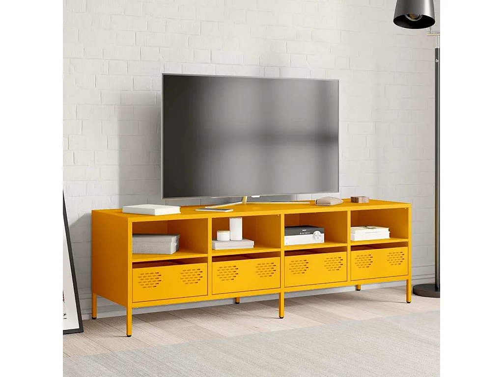 Meuble TV jaune moutarde 135x39x43,5 cm acier laminé à froid