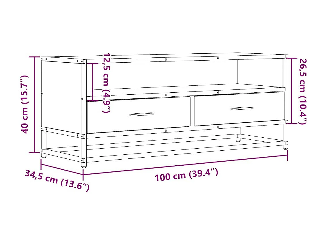 Meuble TV chêne fumé 100x34,5x40 cm bois d'ingénierie et métal