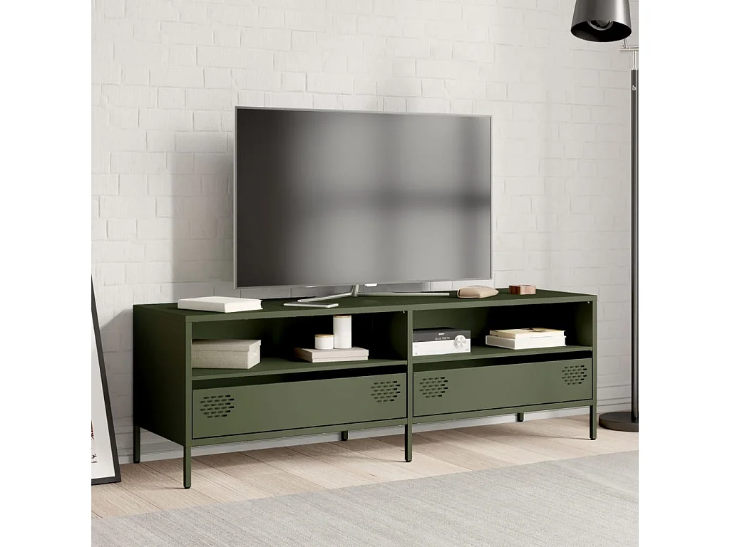 Meuble TV vert olive 135x39x43,5 cm acier laminé à froid