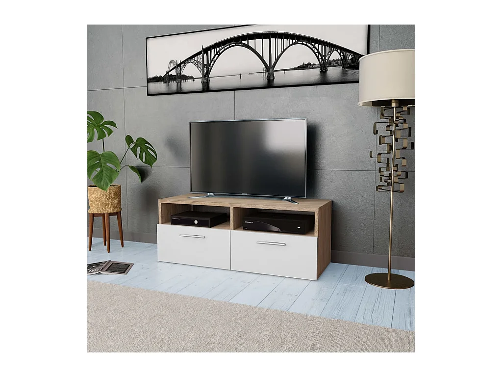 Meuble TV Bois d’ingénierie 95x35x36 cm Chêne et blanc