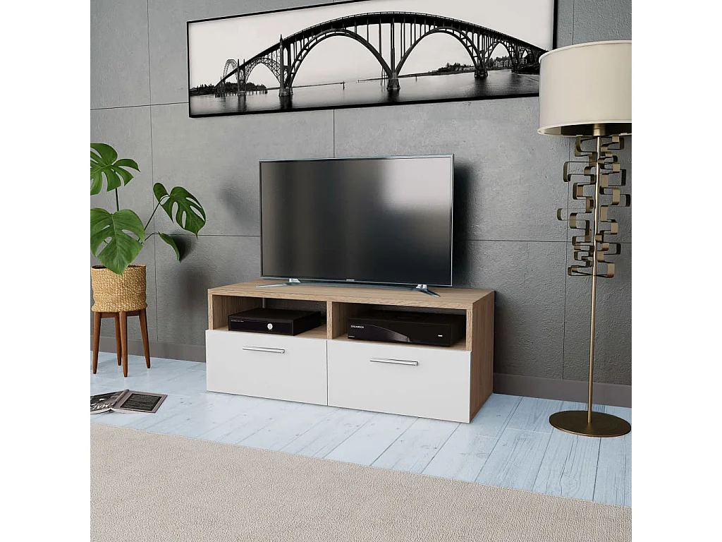 Meuble TV Bois d’ingénierie 95x35x36 cm Chêne et blanc