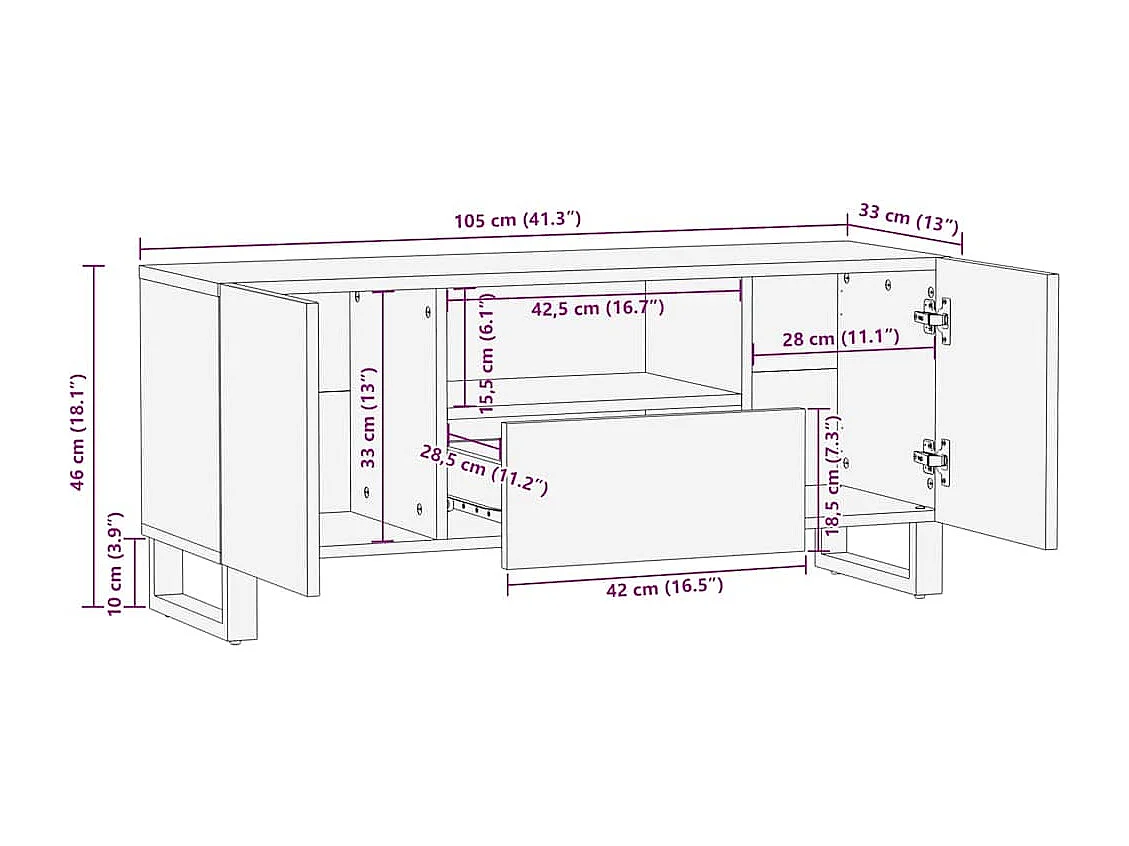 Meuble TV Marron 105 x 33 x 46 cm bois de manguier massif
