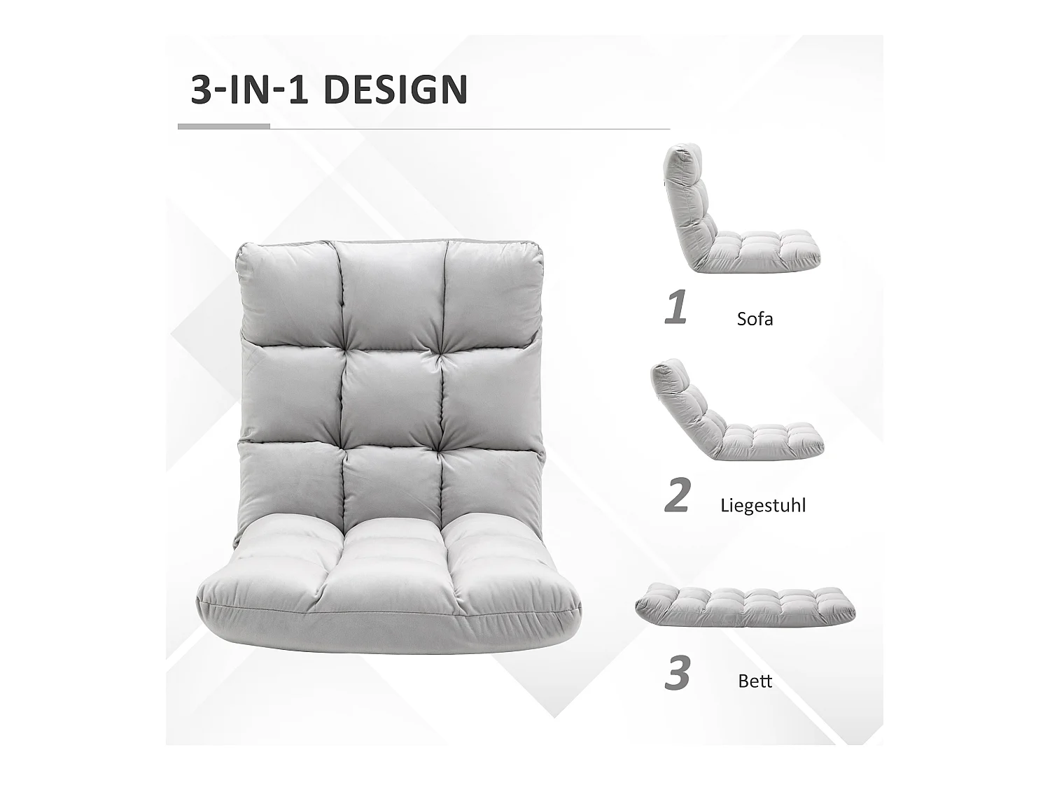 Canapé convertible 3-en-1, dossier réglable 13 positions, métal et mousse haute densité, gris (55x71x53.5cm)